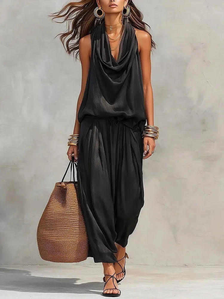 Women's Casual Halter-neck Wide-leg Jumpsuit With Cowl Neck