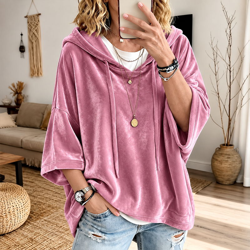 0911-Women's Velour Oversized Hoodie 3/4 Sleeve