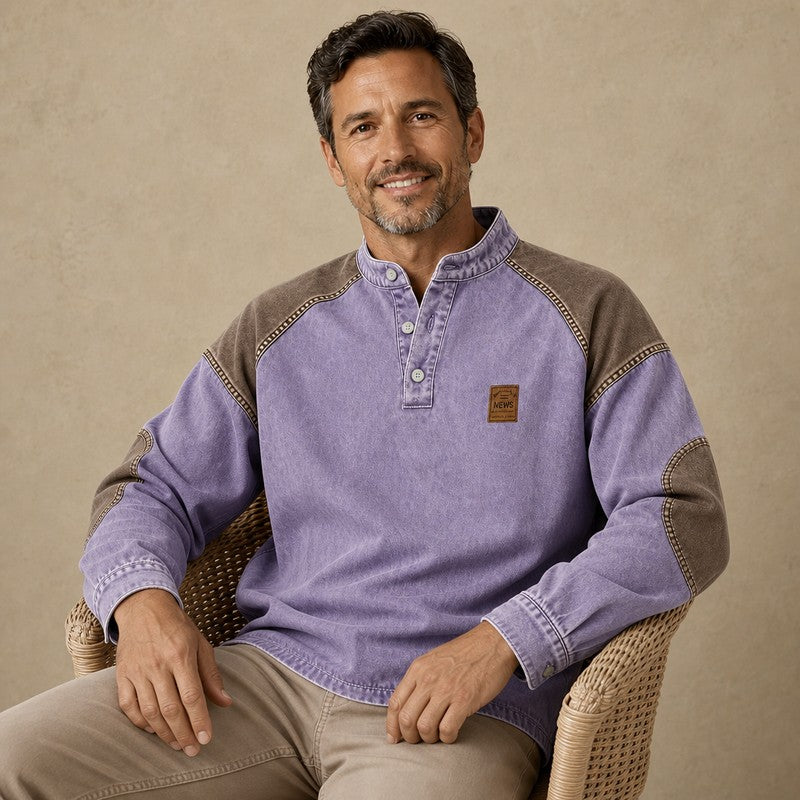 Model wearing the Colorblock Vintage Cotton Henley in a casual setting