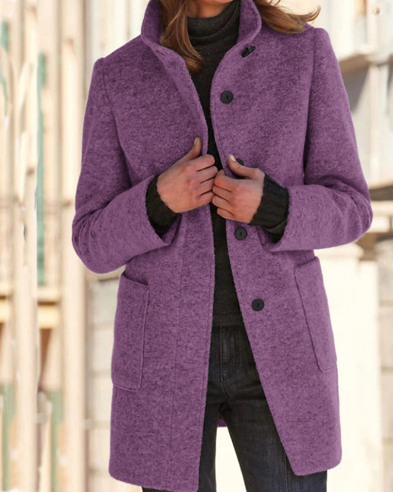 Classic Stand Collar Button Tweed Coat