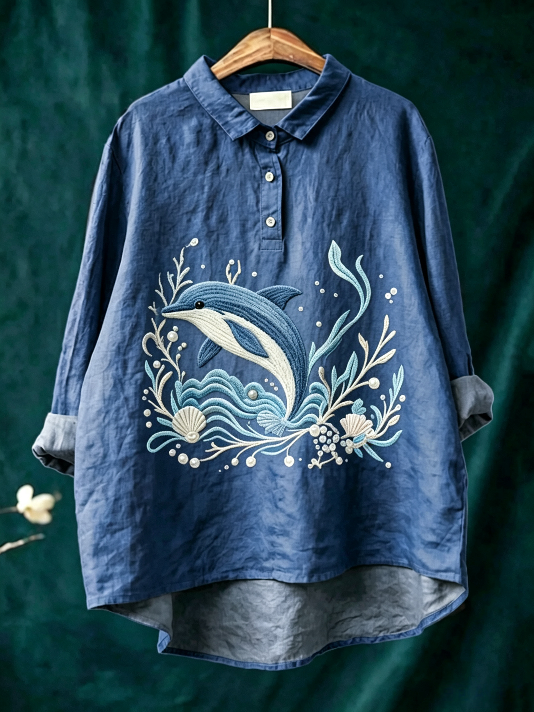 Women's Linen-Blend Shirt with Marine Print – Casual Button-Down Top Featuring Vintage Sea Life Patterns