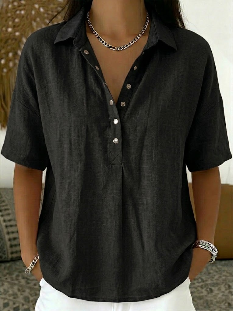 Vintage-Inspired Cotton-Linen Polo Shirt - Soft Textured Casual Top