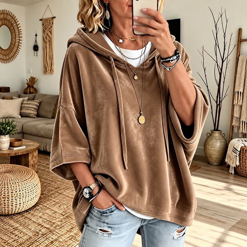 0911-Women's Velour Oversized Hoodie 3/4 Sleeve