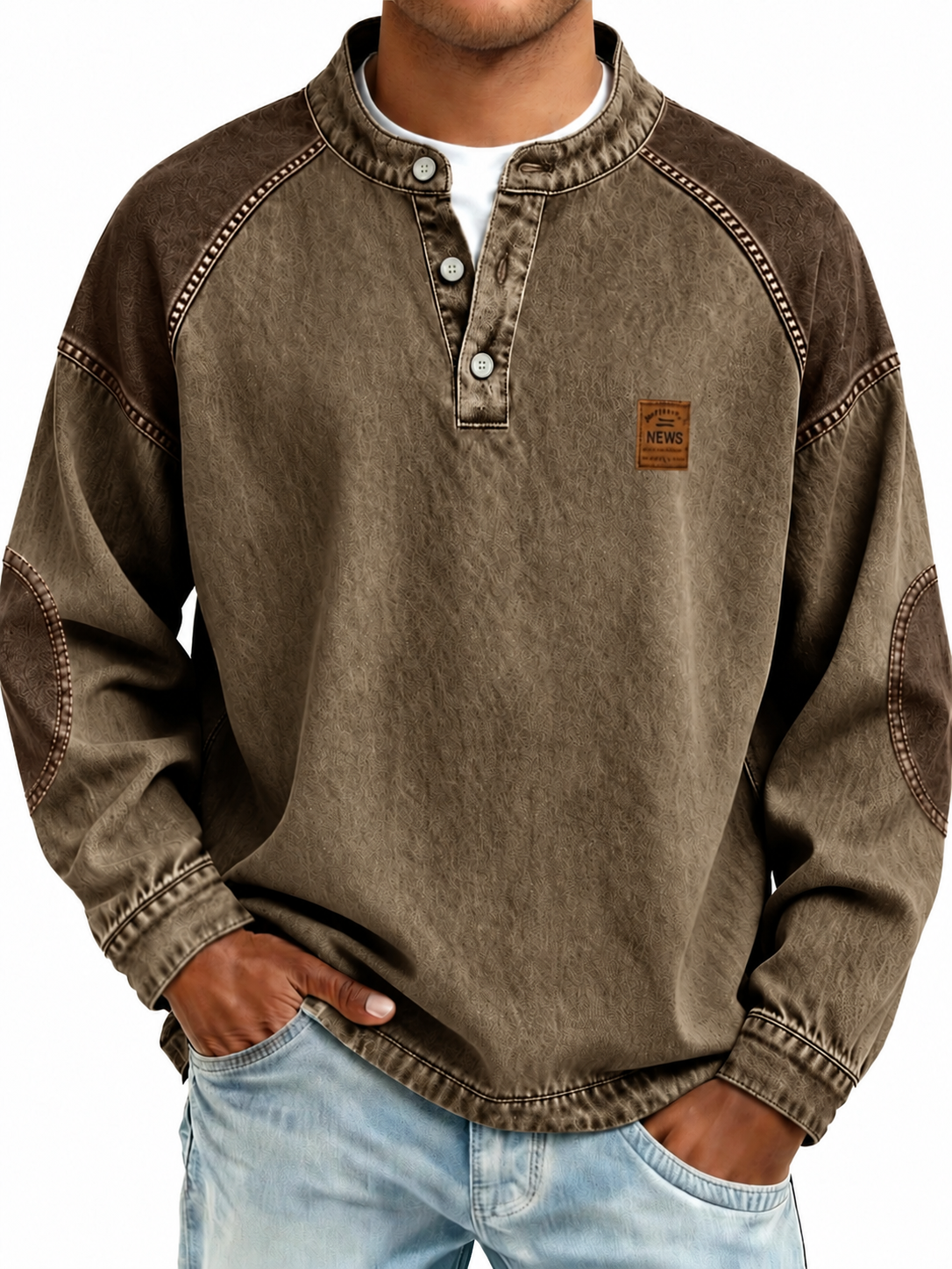 Brown Colorblock Vintage Cotton Henley