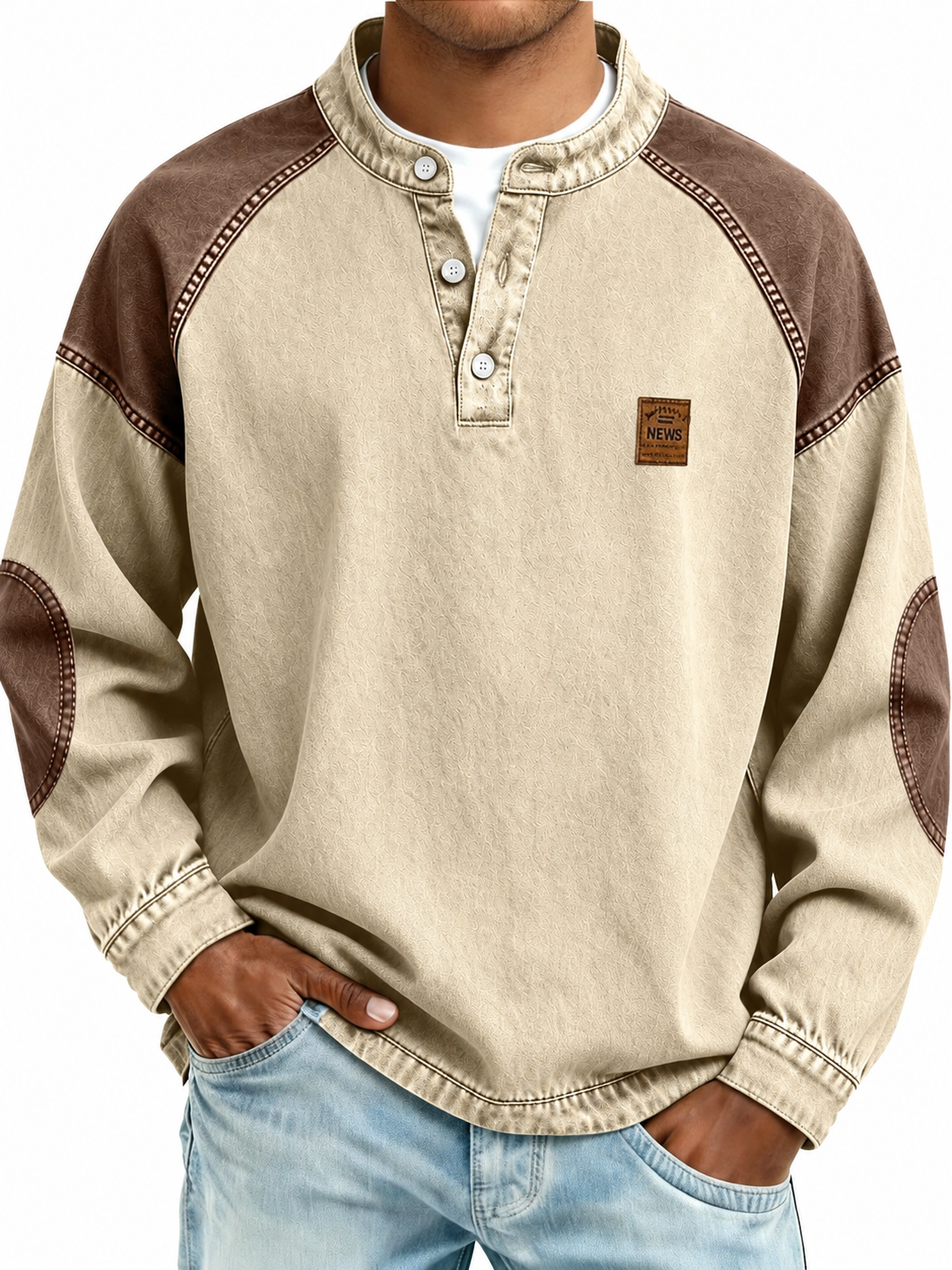 Khaki Colorblock Vintage Cotton Henley