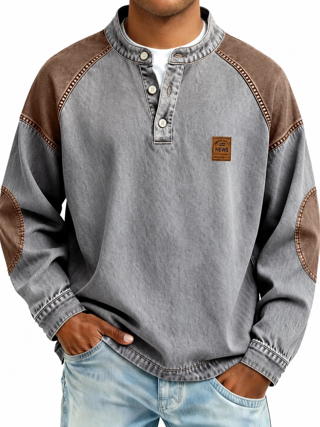 Gray Colorblock Vintage 100% Washed Cotton Henley Shirt
