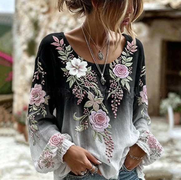 Women's Vintage Boho Floral Print Loose Lantern Sleeve Blouse