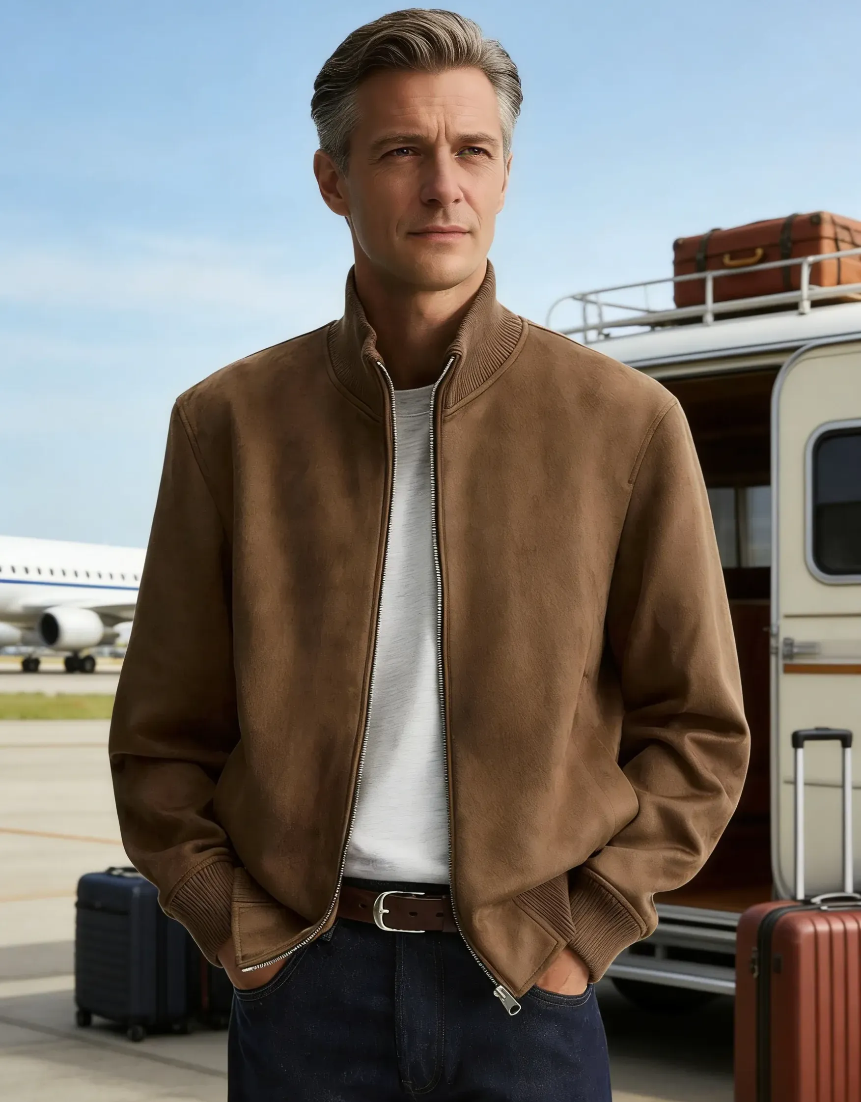 Men's Brown Suede Stand Collar Zip-Up Jacket worn for travel