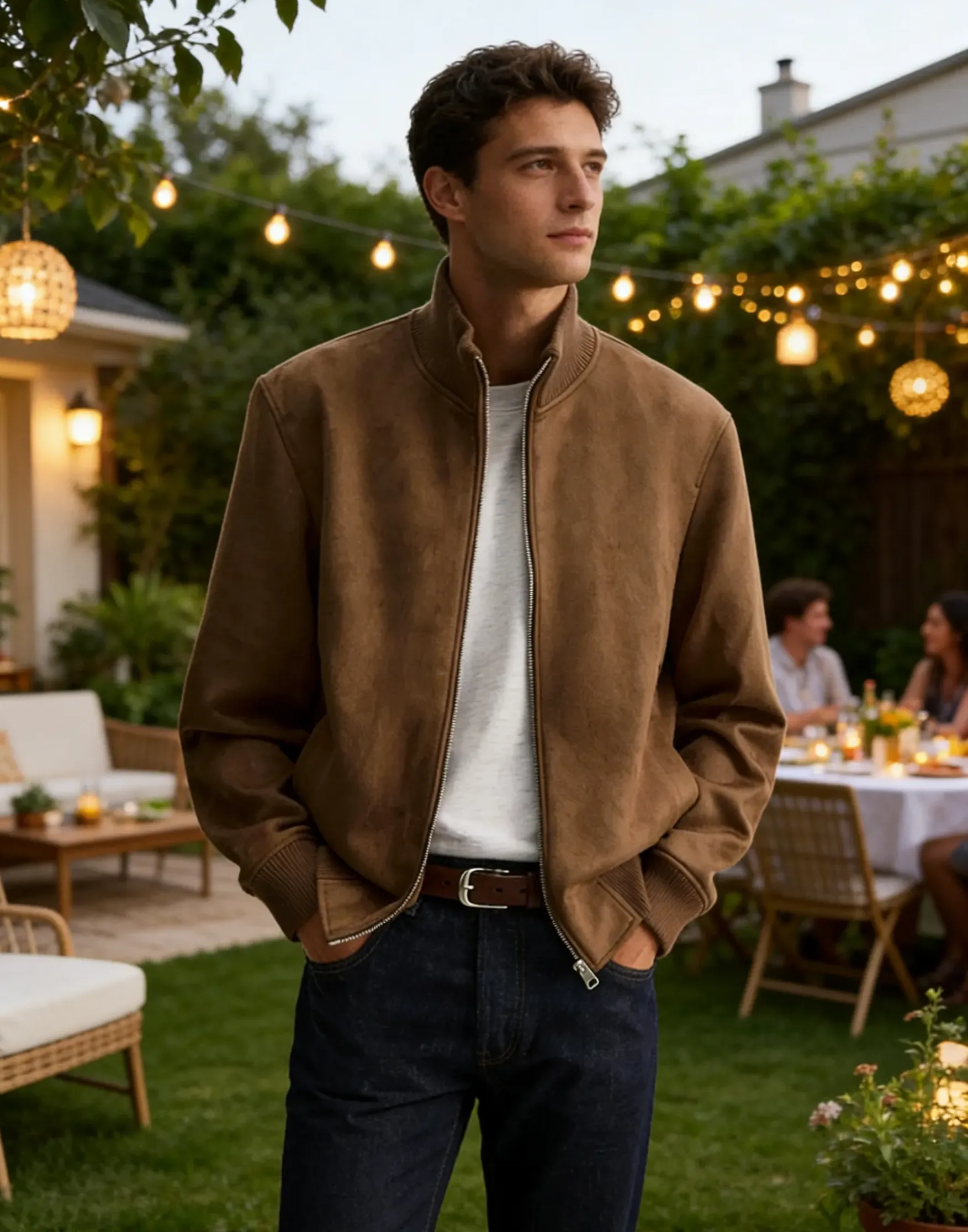 Men's Brown Suede Stand Collar Zip-Up Jacket at an evening outdoor gathering