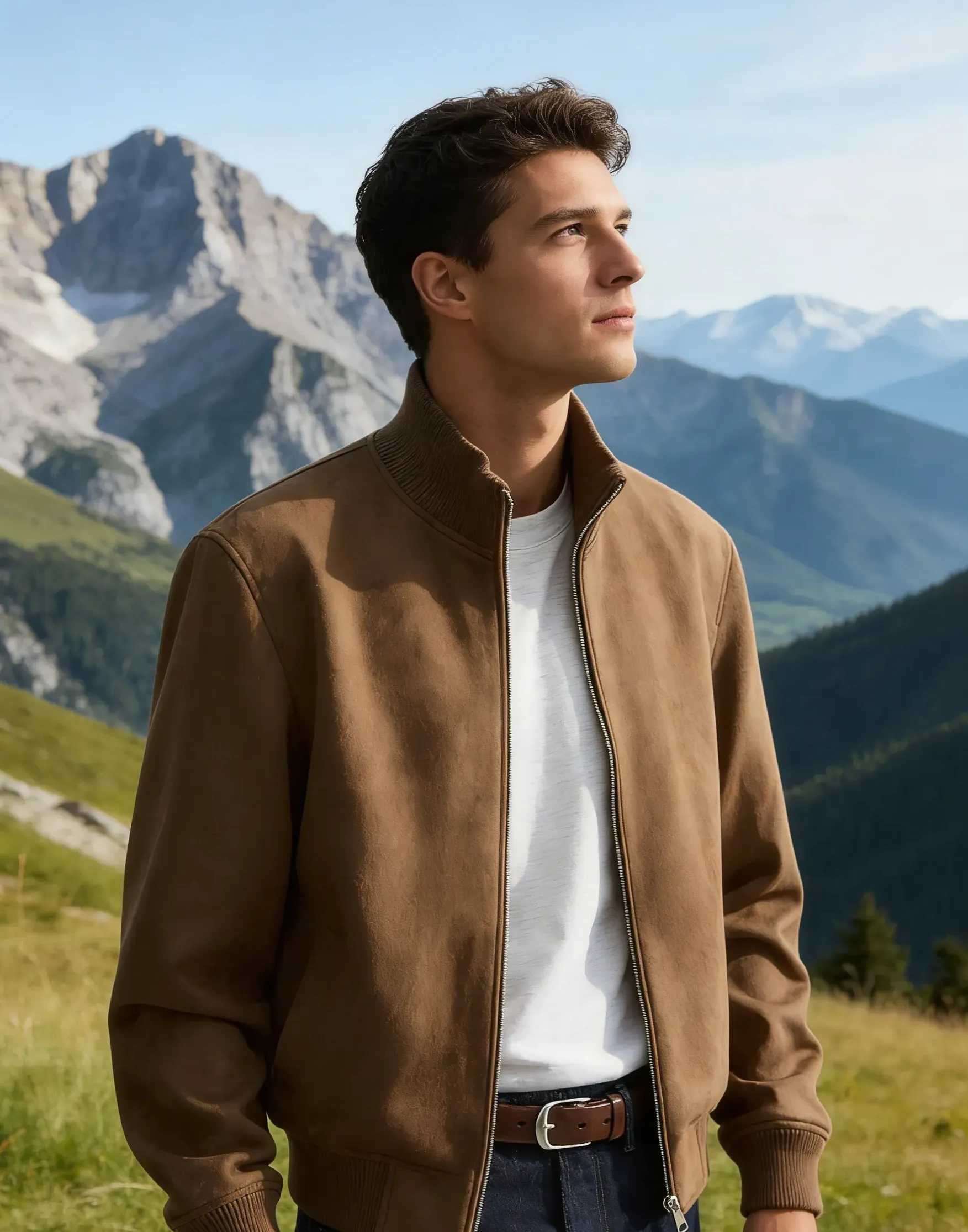 Men's Suede Stand Collar Zip-Up Jacket worn outdoors in mountain landscape