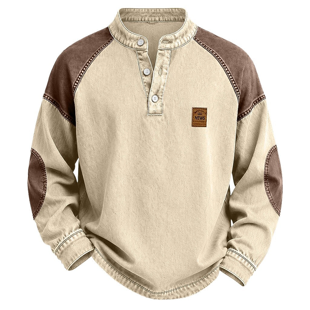 Khaki Washed Cotton Henley with Brown Raglan Shoulders