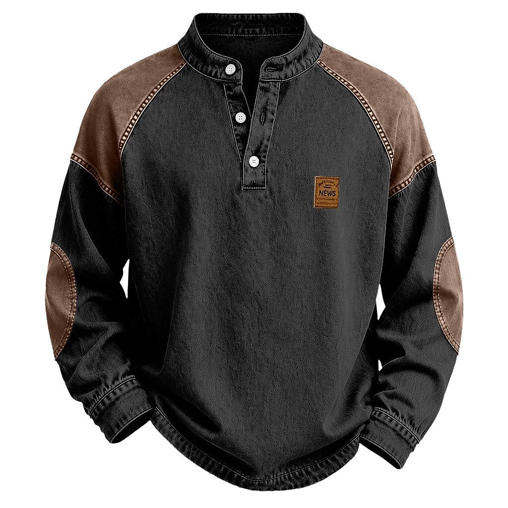 Black Washed Cotton Henley Contrast Placket and Patch Detail