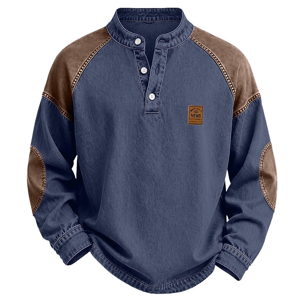 Dark Blue Washed Cotton Henley Contrast Shoulder and Collar Detail