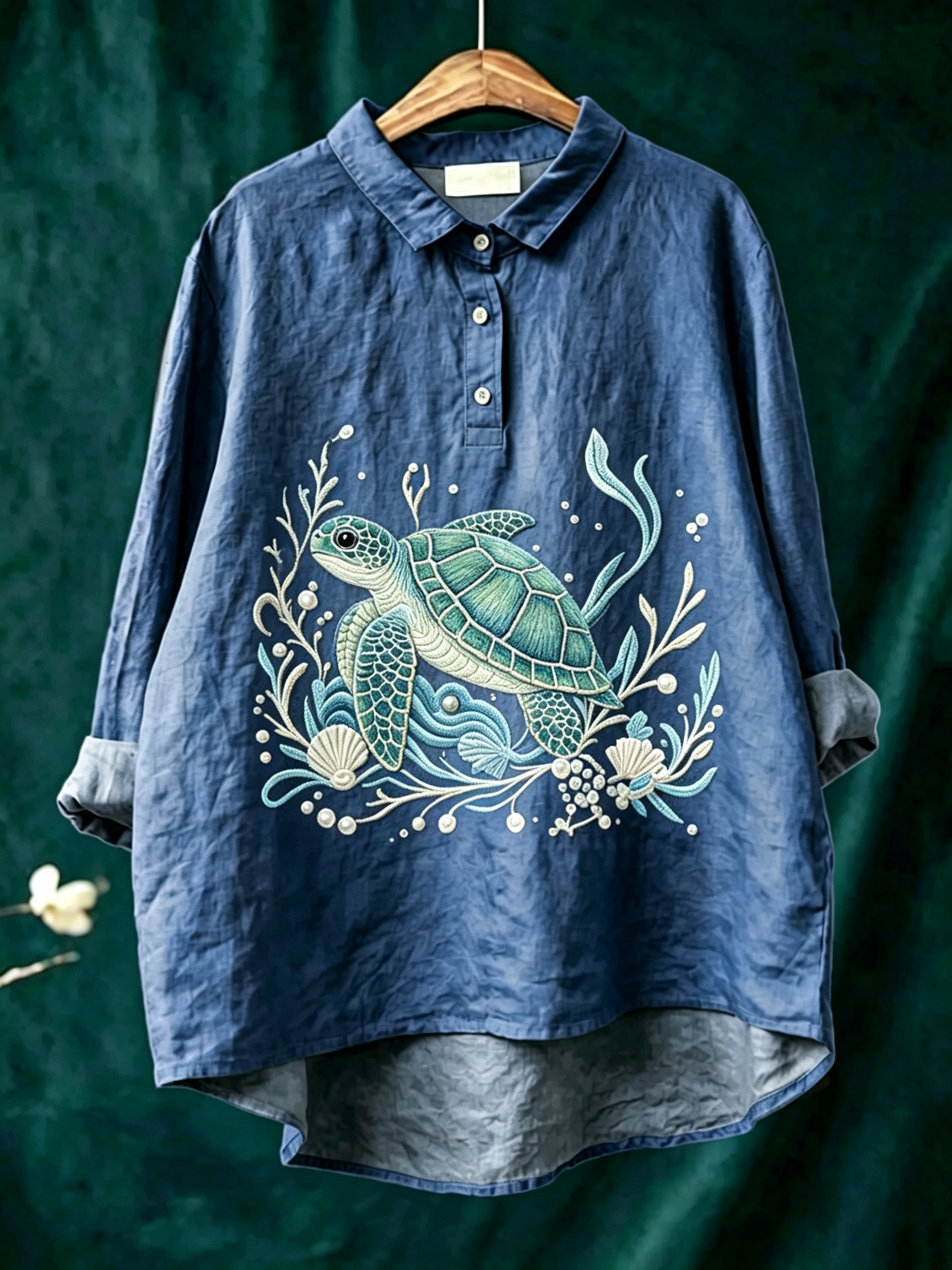 Women's Linen-Blend Shirt with Marine Print – Casual Button-Down Top Featuring Vintage Sea Life Patterns