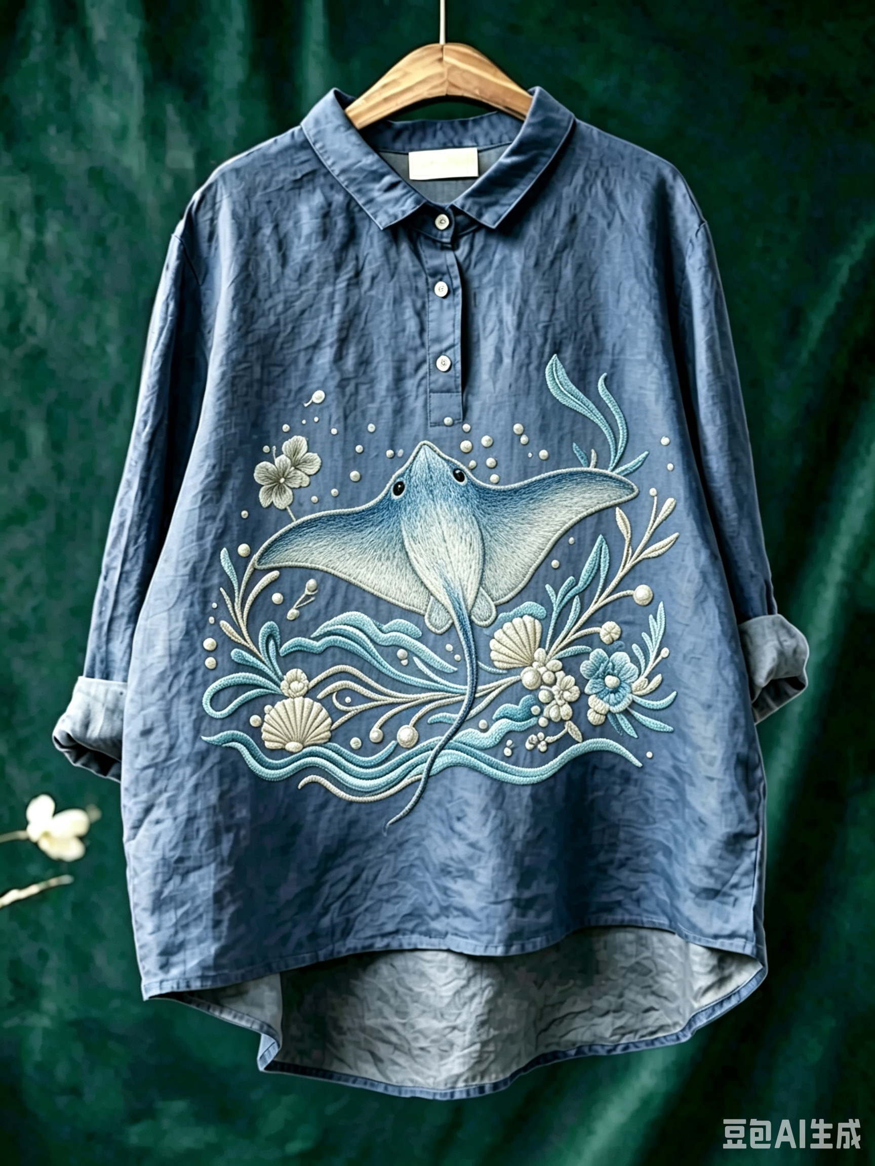 Women's Linen-Blend Shirt with Marine Print – Casual Button-Down Top Featuring Vintage Sea Life Patterns