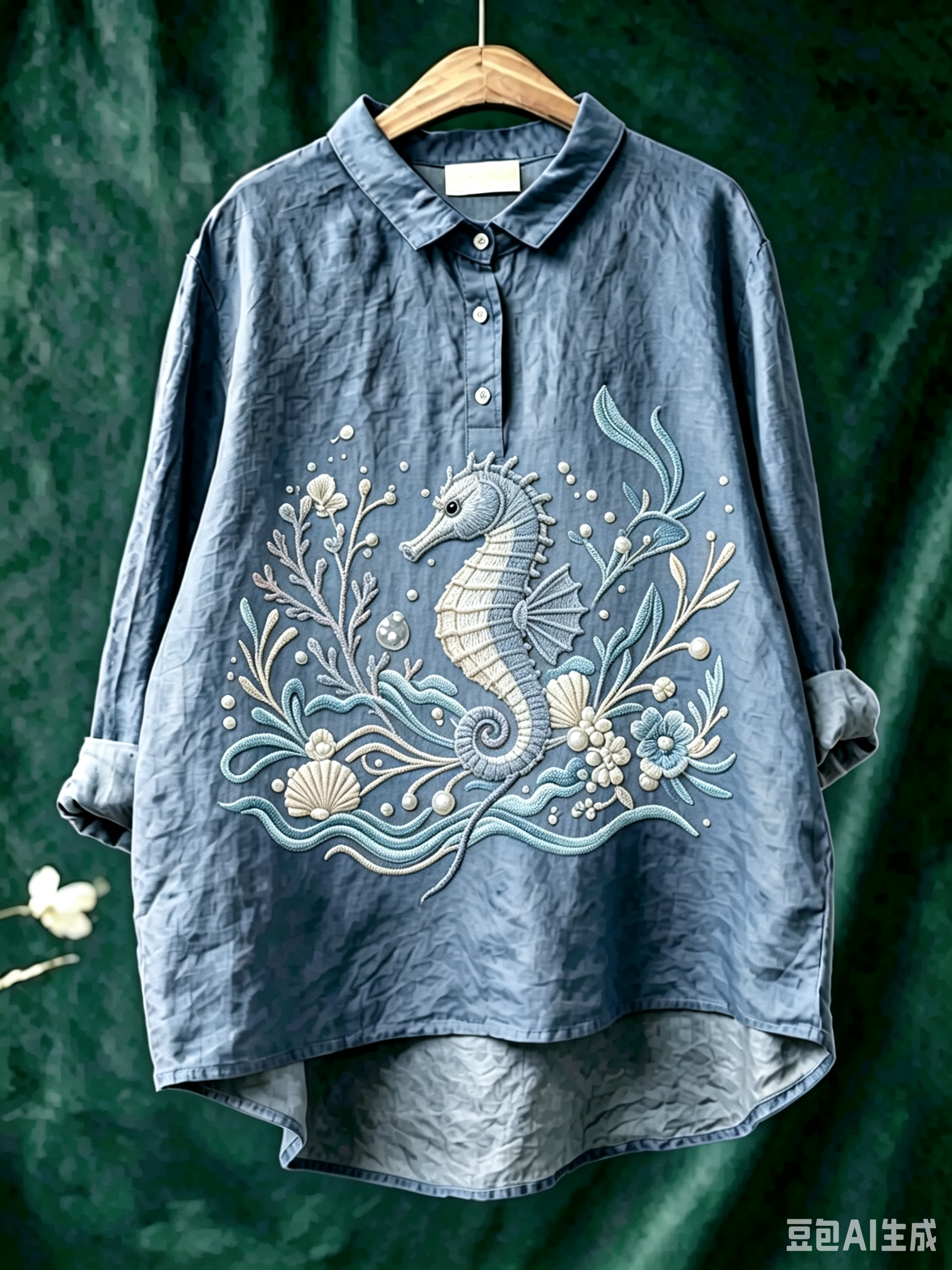 Women's Linen-Blend Shirt with Marine Print – Casual Button-Down Top Featuring Vintage Sea Life Patterns