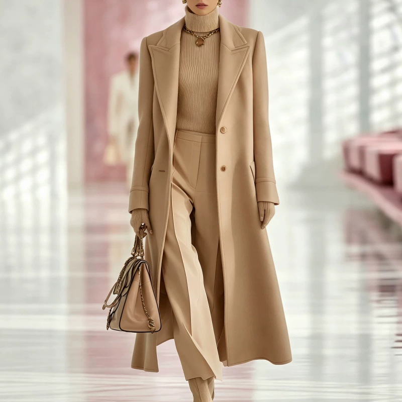 Elegant Classic Lapel Single-breasted Long Tweed Coat
