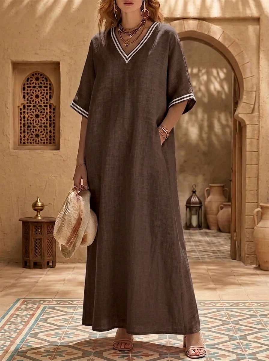 New Arrivals 🔥 Cozy vintage-style dress for women – striped, loose fit, V-neck, cotton-linen blend