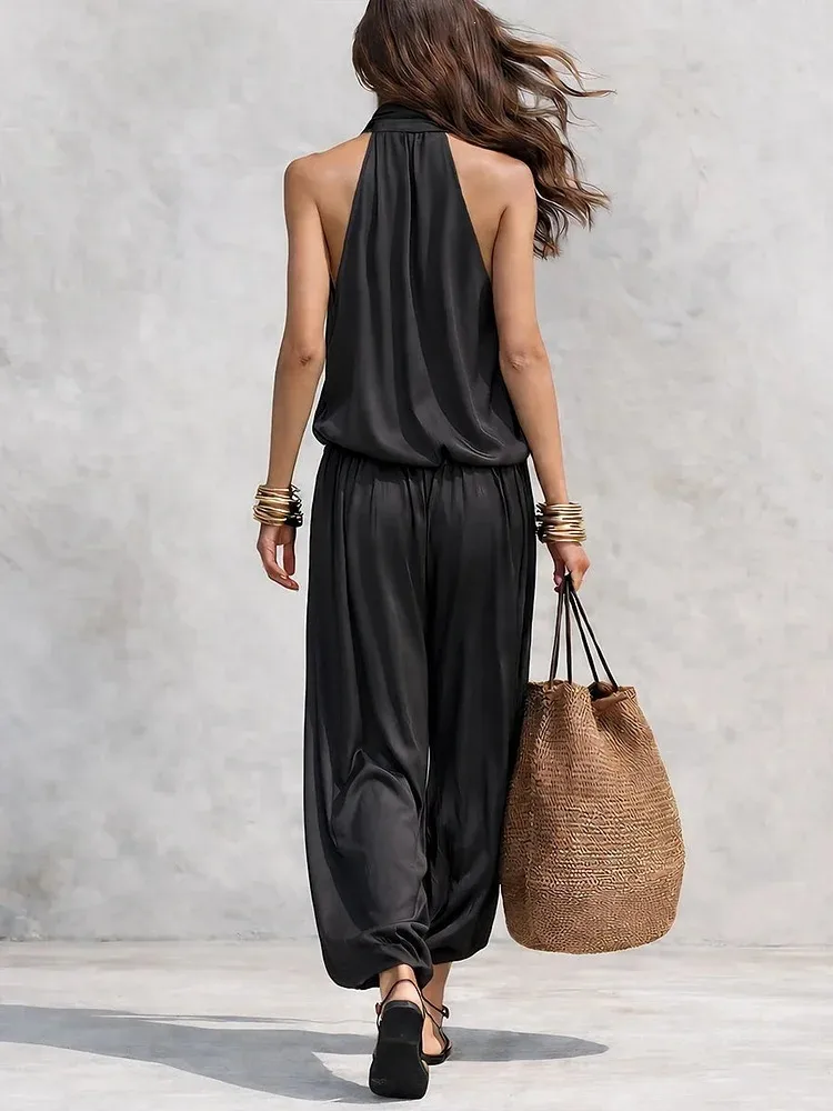 Women's Casual Halter-neck Wide-leg Jumpsuit With Cowl Neck