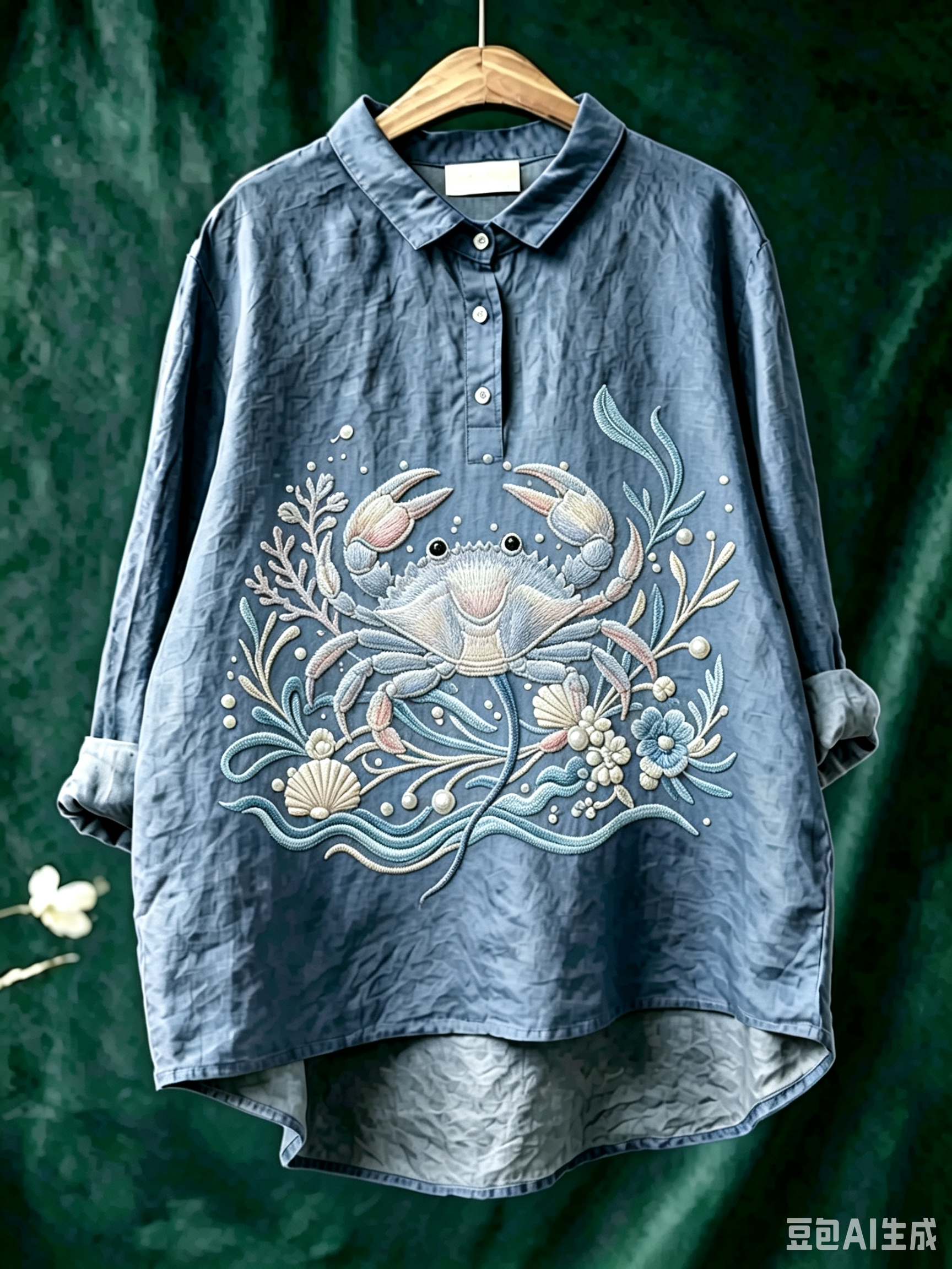 Women's Linen-Blend Shirt with Marine Print – Casual Button-Down Top Featuring Vintage Sea Life Patterns