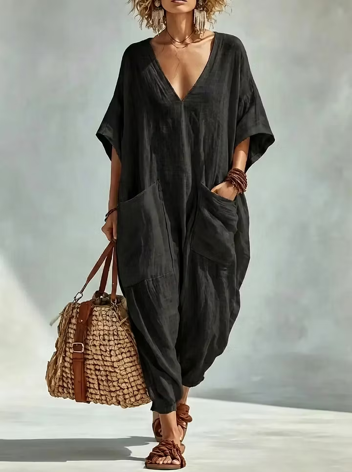 Oversized Linen-look Cotton V-neck Harem Jumpsuit