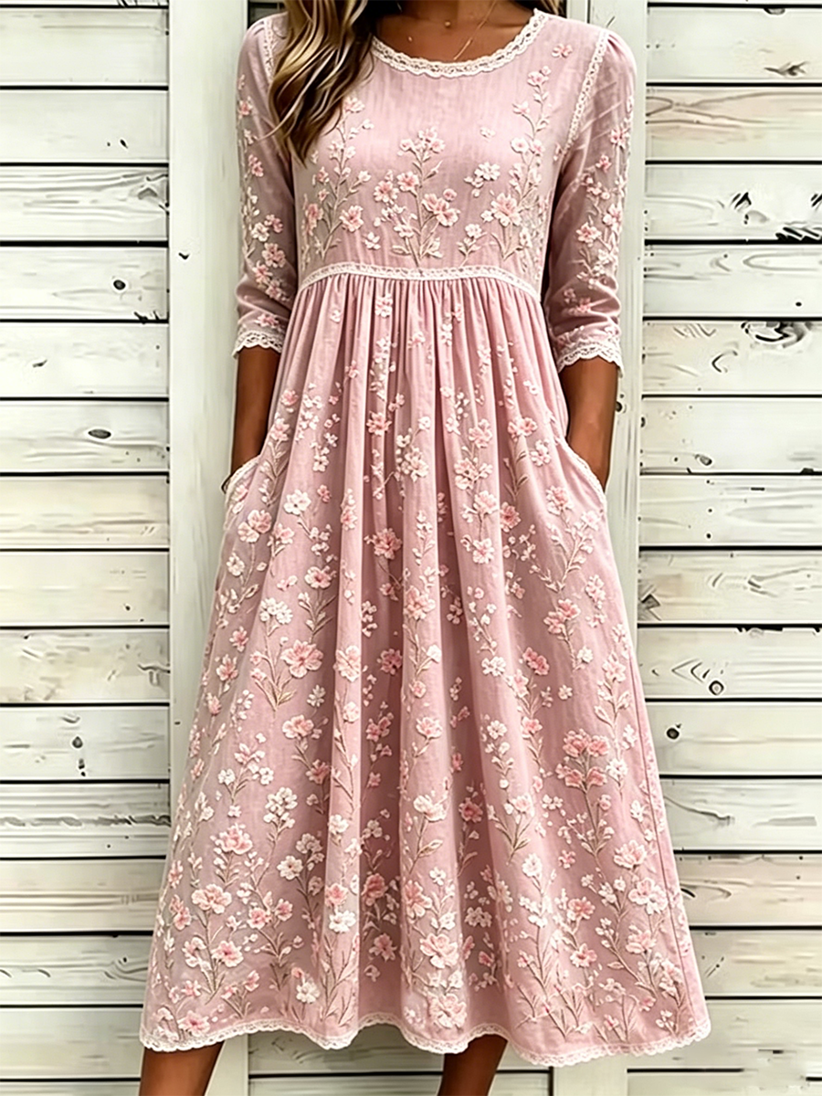 Retro Pink Flower Art Linen Blended Lake Blue Round Neck Mid Sleeve Dress