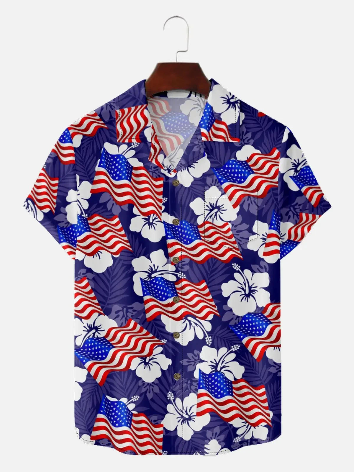 Men's Patriotic American Flag Hibiscus Hawaiian Short Sleeve Shirt