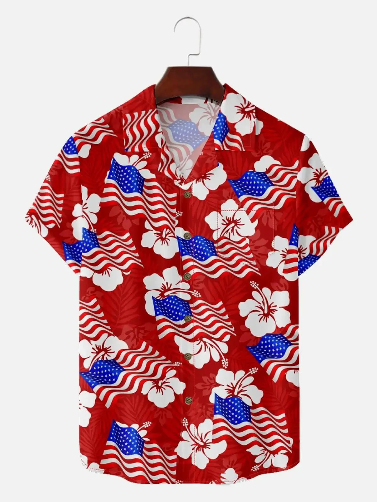 Men's Patriotic American Flag Hibiscus Hawaiian Short Sleeve Shirt