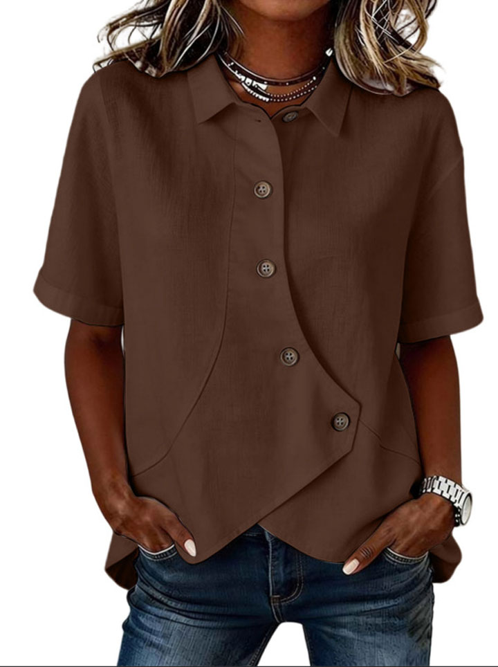 Women's asymmetric linen-blend blouse with button placket