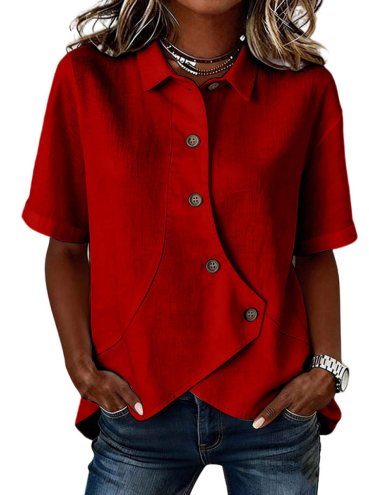 Women's asymmetric linen-blend blouse with button placket