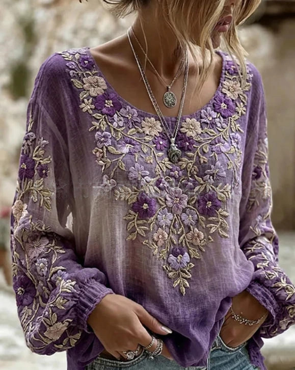 Women's Vintage Boho Floral Print Loose Lantern Sleeve Blouse