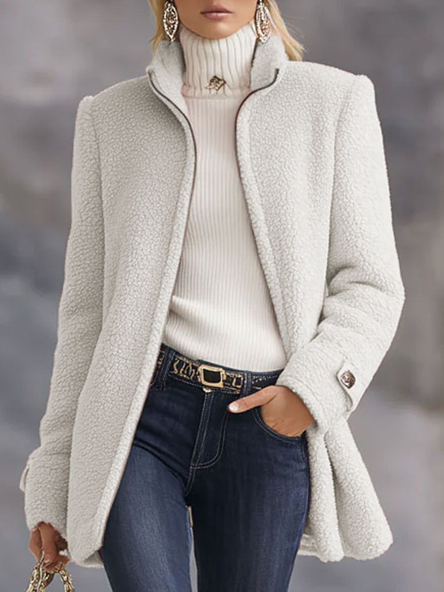 Casual Vintage Pink Polar Fleece Zip-Up Jacket Coat - White