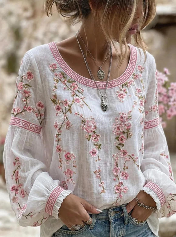 Women's Vintage Boho Floral Print Loose Lantern Sleeve Blouse