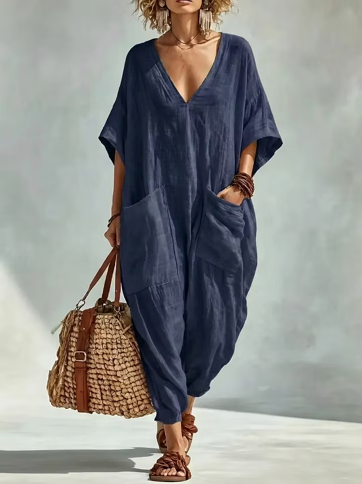 Oversized Linen-look Cotton V-neck Harem Jumpsuit
