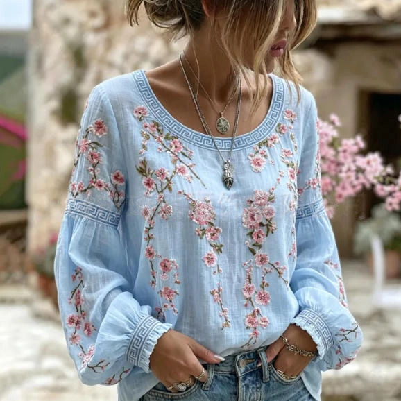 Women's Vintage Boho Floral Print Loose Lantern Sleeve Blouse