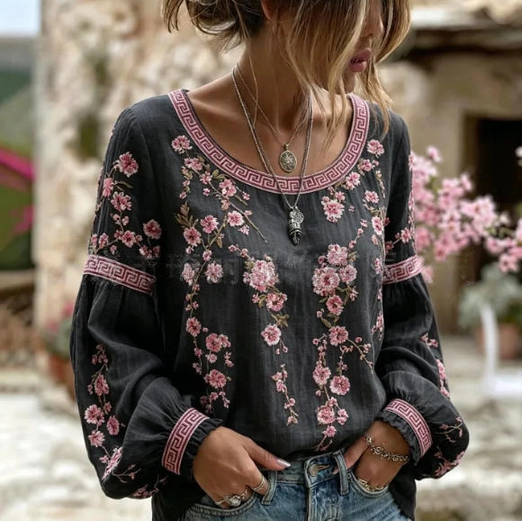 Women's Vintage Boho Floral Print Loose Lantern Sleeve Blouse