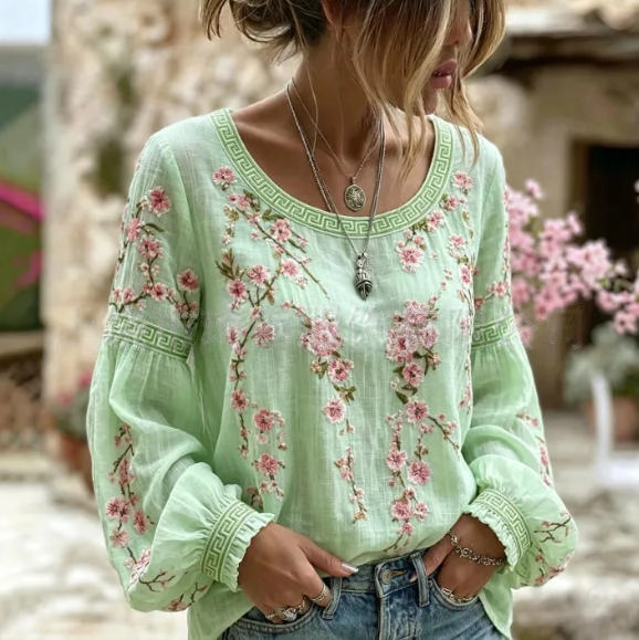 Women's Vintage Boho Floral Print Loose Lantern Sleeve Blouse