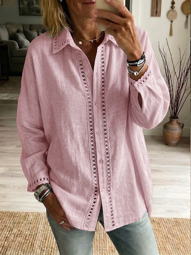 Casual Long-sleeve Linen-cotton Shirt With Spliced ​​cutout Webbing