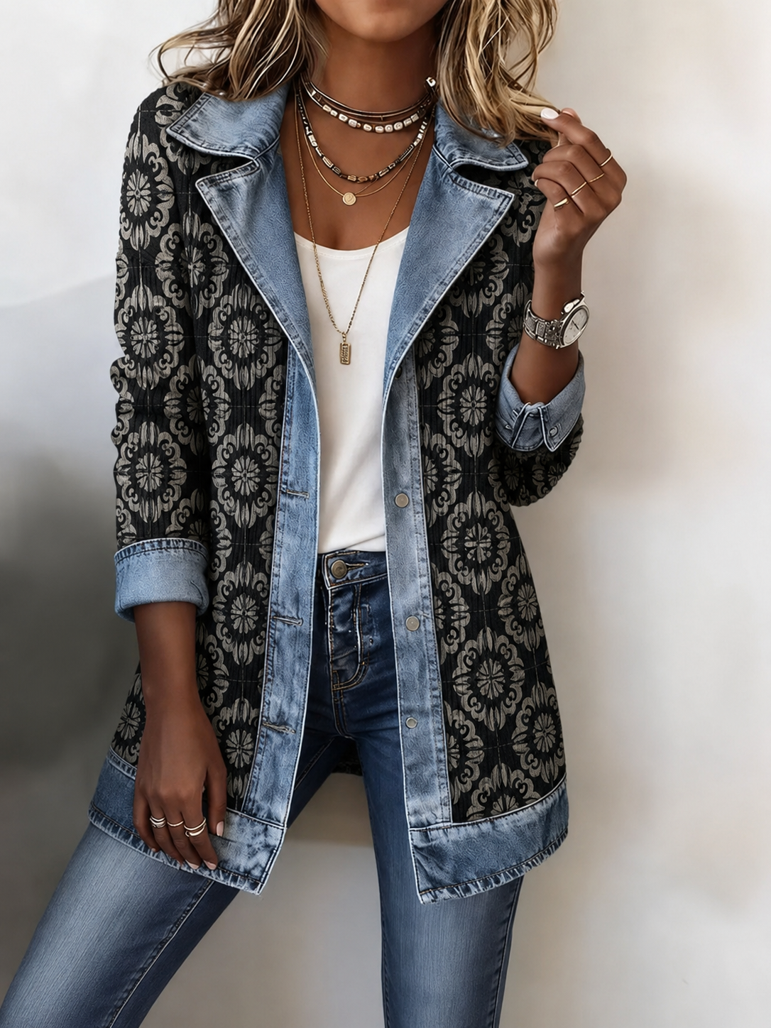 🎉Limited-time 49% off】Elegant mixed-media denim and knit cardigan