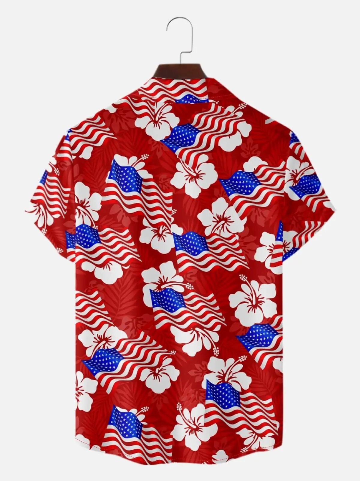 Men's Patriotic American Flag Hibiscus Hawaiian Short Sleeve Shirt
