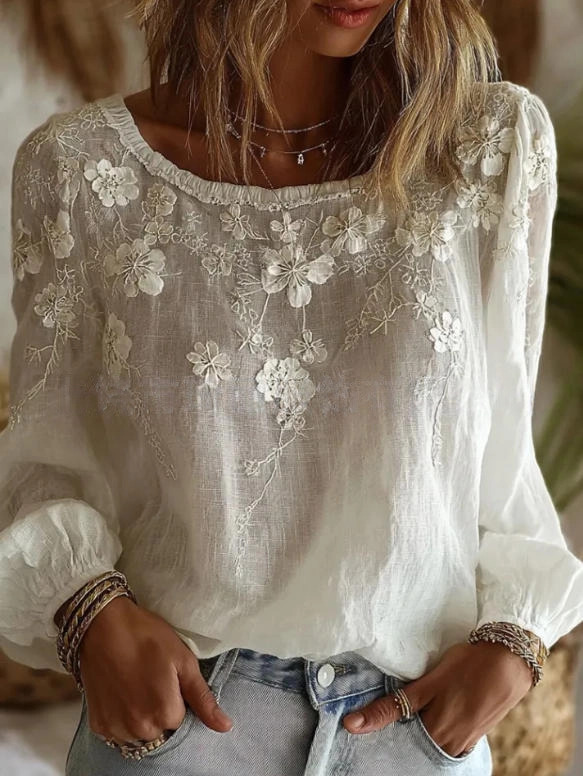Women's Vintage Boho Floral Print Loose Lantern Sleeve Blouse