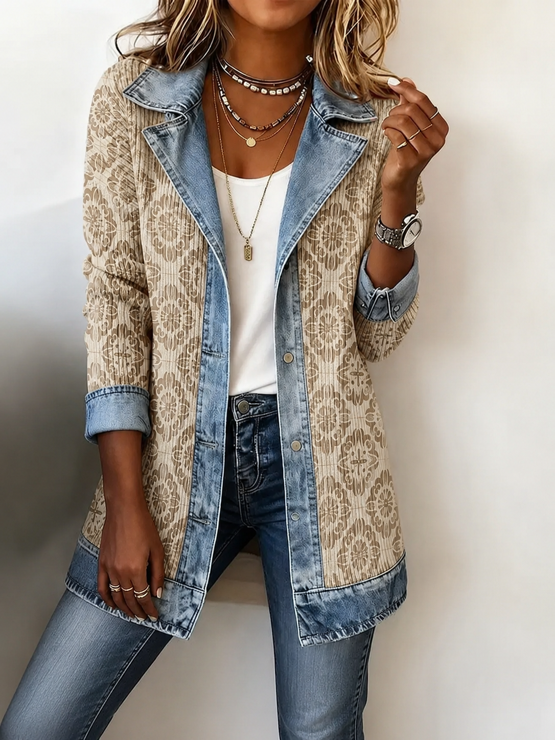 🎉Limited-time 49% off】Elegant mixed-media denim and knit cardigan