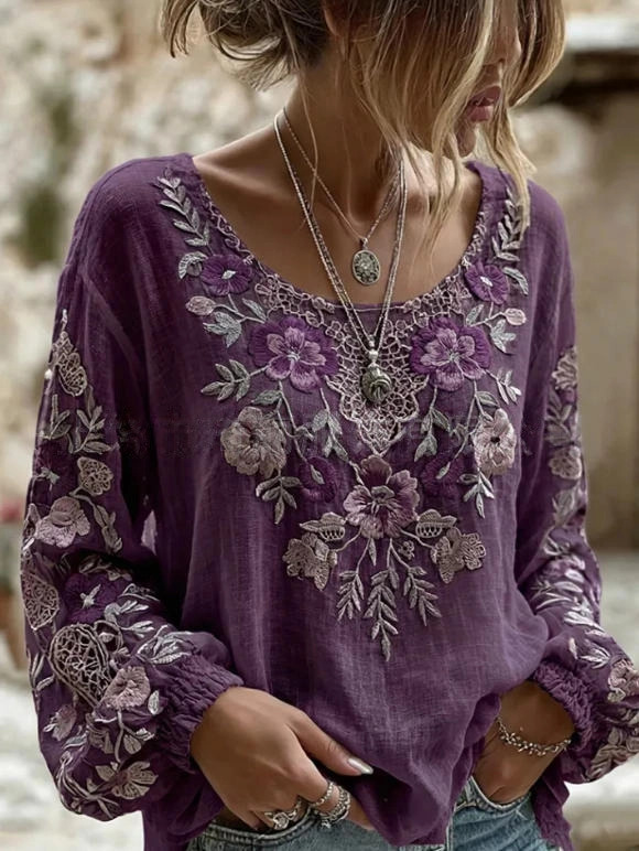 Women's Vintage Boho Floral Print Loose Lantern Sleeve Blouse