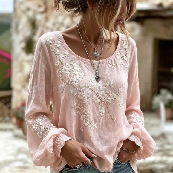 Women's Vintage Boho Floral Print Loose Lantern Sleeve Blouse