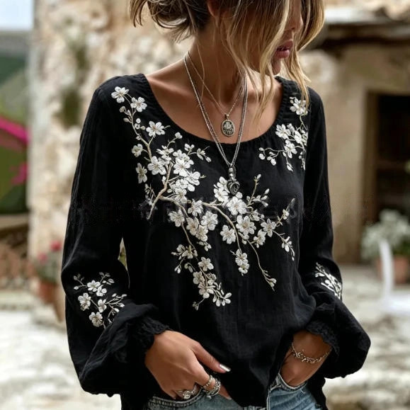 Women's Vintage Boho Floral Print Loose Lantern Sleeve Blouse