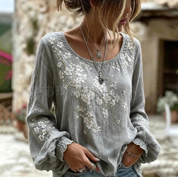Women's Vintage Boho Floral Print Loose Lantern Sleeve Blouse
