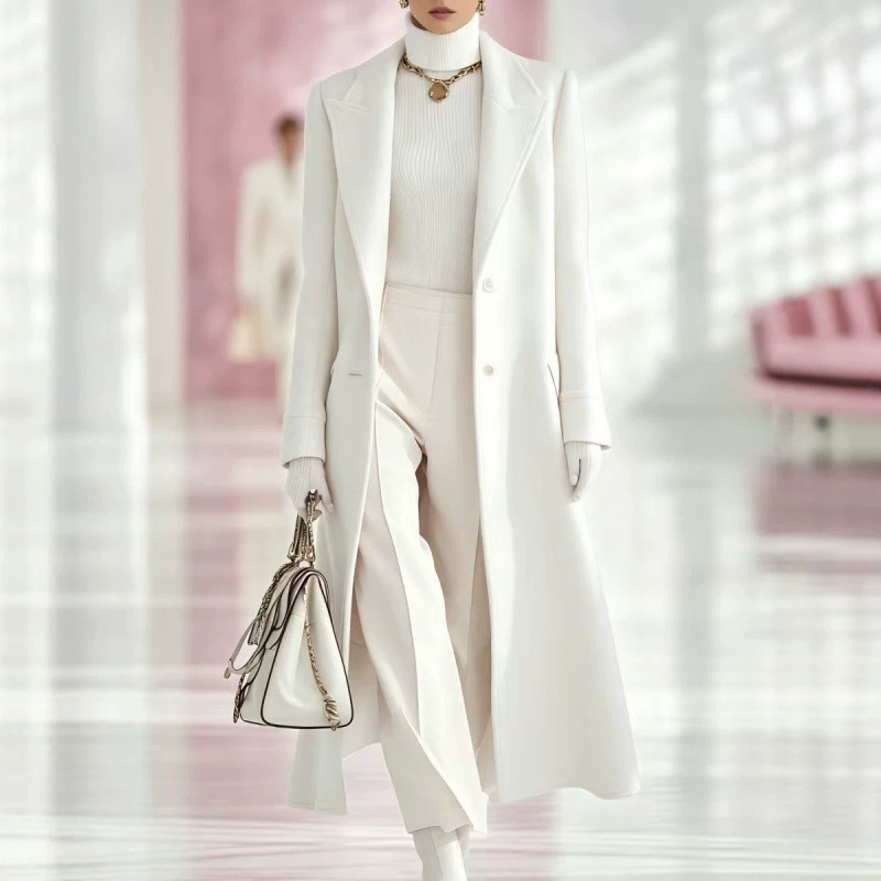 Elegant Classic Lapel Single-breasted Long Tweed Coat