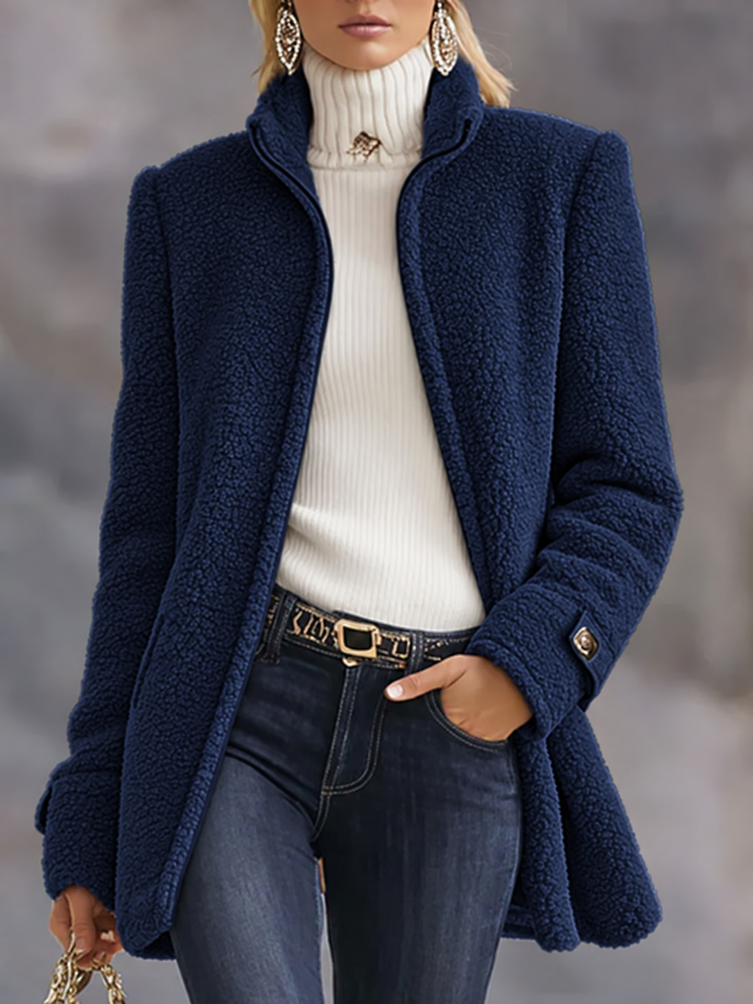 Casual Vintage Pink Polar Fleece Zip-Up Jacket Coat - Navy Blue