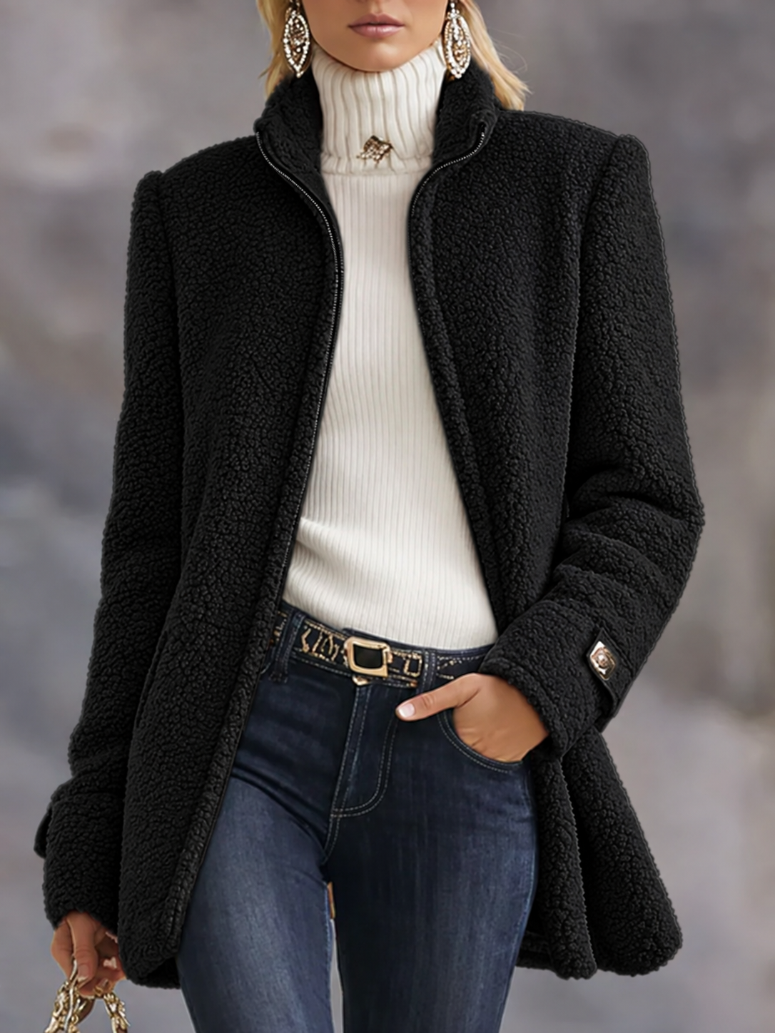 Casual Vintage Pink Polar Fleece Zip-Up Jacket Coat - Black