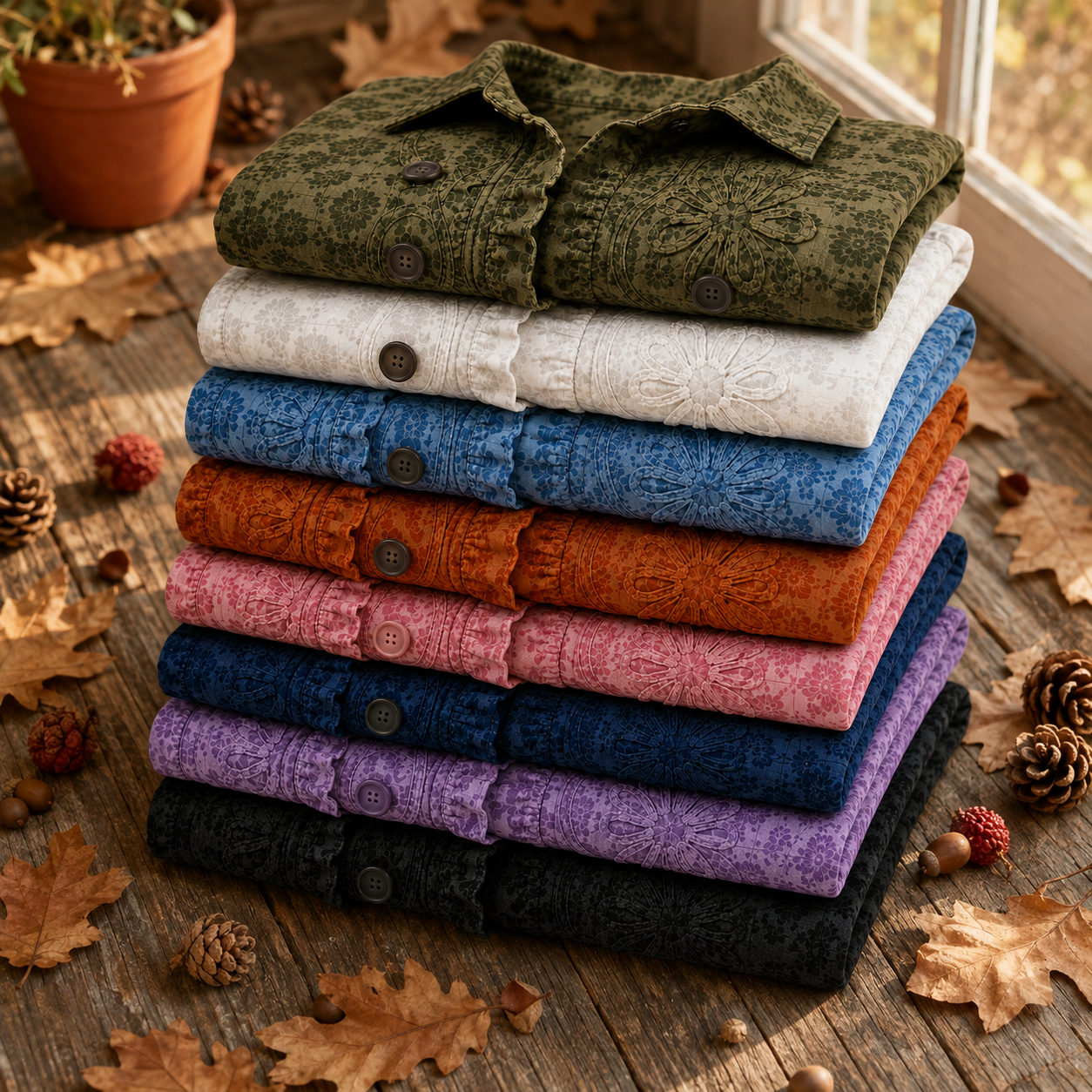 Folded stack of 8 vintage floral bloom cotton jackets showing embroidery and button details